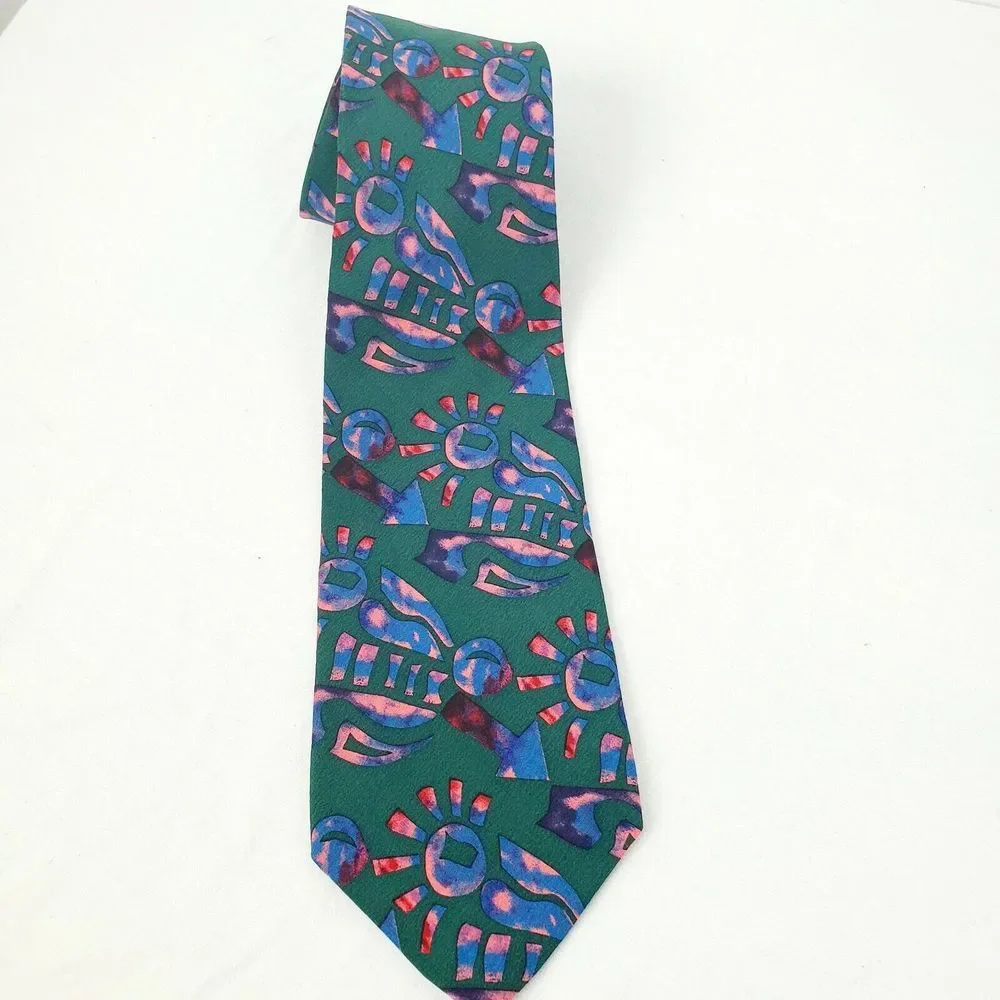 J Garcia Men's Green Blue Abstract Silk Airbrush Necktie